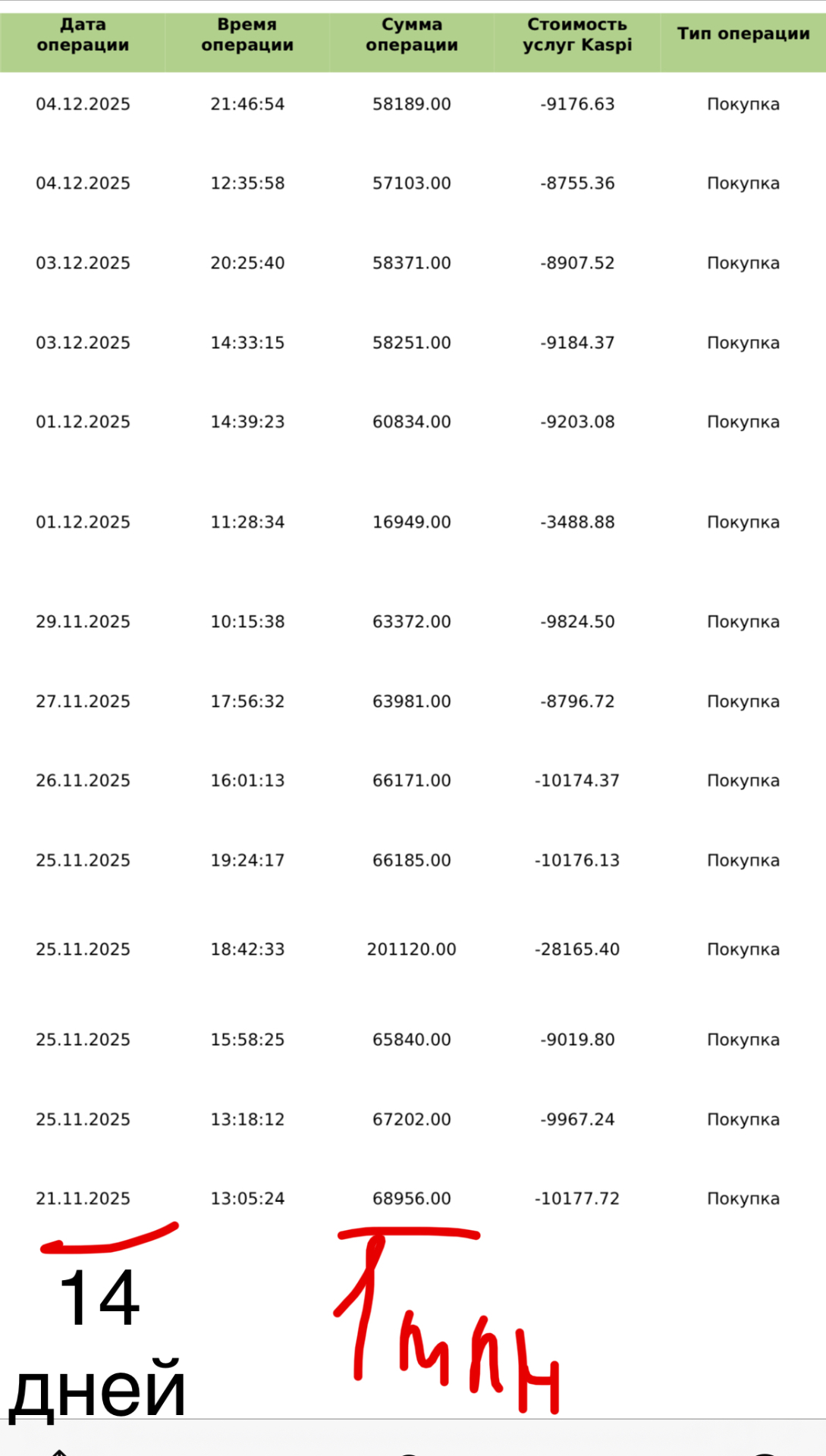 Выписка по операциям продаж на Kaspi — 1 млн тенге за 14 дней